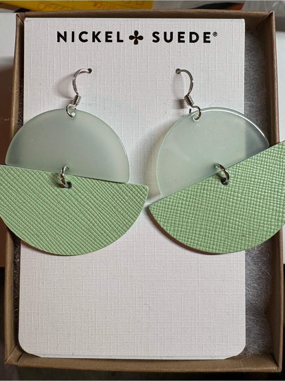 Nickel & Suede lime Lunas: leather and acrylic dangle earrings